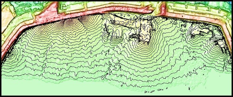 3k_colour_elevation_and_contours_2014may01 rotated Elevation image of a mine tailings beach with 50cm elevation contours on the tailings beach surface.