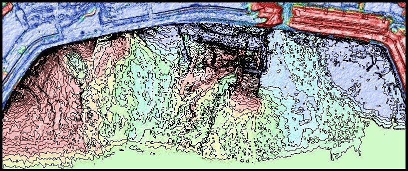 3k_isopach_and_contours_2014may01_2014sep11 rotated Increase in mine tailings beach height over a three month period. 25cm contours of tailings thickness.