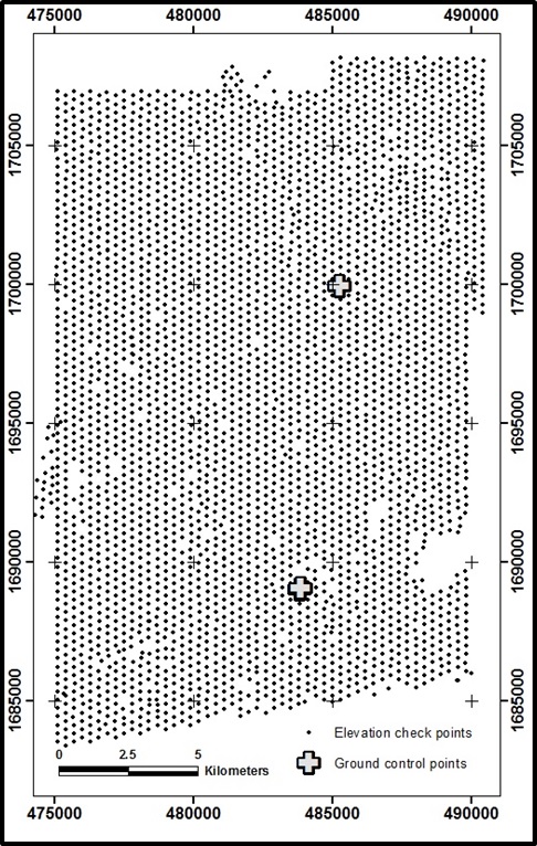 Area of the 25km by 16km Eritrea Stereo WorldView-2 1m elevation grid showing the two ground control points and the 4,022 elevation checkpoints used to determine the accuracy of the stereo satellite survey.