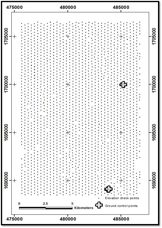 Area of the 18 km by 11 km Eritrea Stereo WorldView-3 1m elevation grid showing the two ground control points and the 2,273 gravity survey stations used as elevation checkpoints to determine the accuracy of the stereo satellite survey.