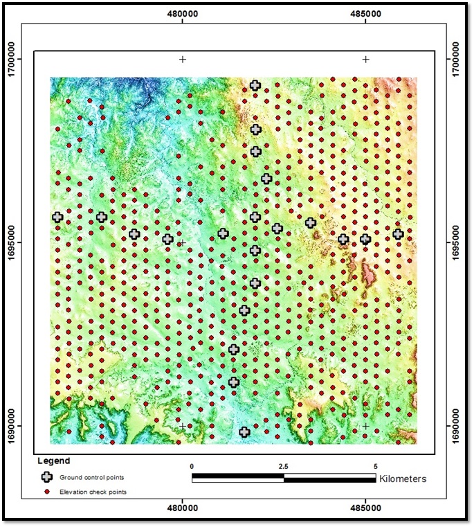 Area of the 10km by 10km Eritrea Stereo WorldView-2 1m elevation grid showing the 21 ground survey points used for ground reference and the 775 gravity survey stations used as elevation checkpoints to determine the accuracy of the stereo satellite survey.