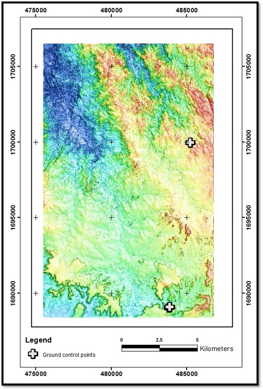 Stereo WorldView-3 elevation image created from the 1 m PhotoSat Asmara, Eritrea satellite survey grid. The figure shows the locations of the two ground control points.