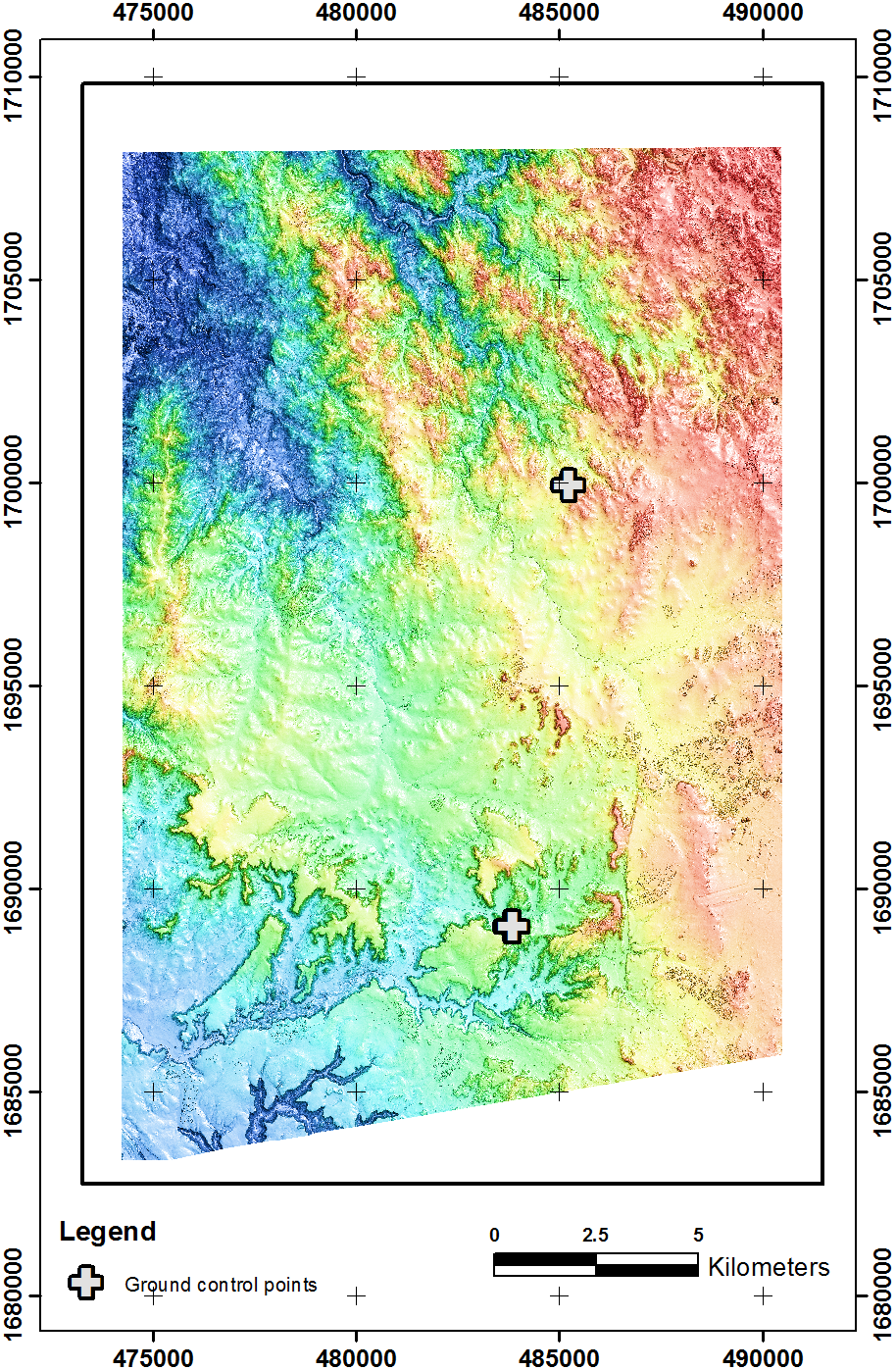 Stereo WorldView-2 elevation image created from the 1m PhotoSat Asmara, Eritrea satellite survey grid. The figure shows the locations of the two ground control points.