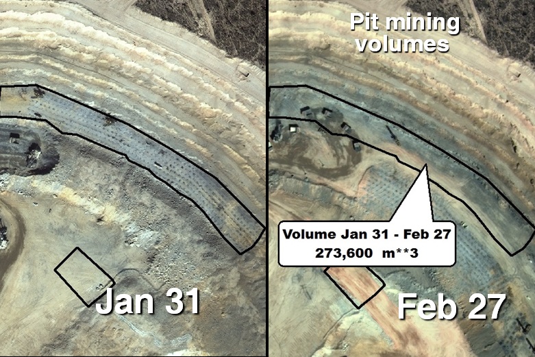 satellite survey Penasquito mine pit volume The pit mine volume change is measured with satellite photos taken about 1 month apart. The volume change is calculated from our high accuracy elevation surveying.