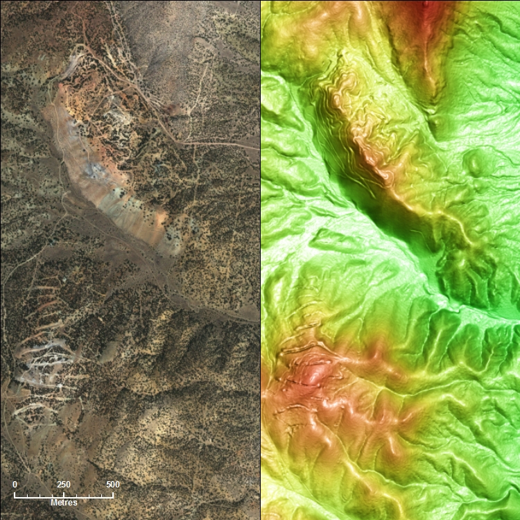 50cm GeoEye-1 satellite photo & PhotoSat's elevation image over the same area: Image copyright GeoEye