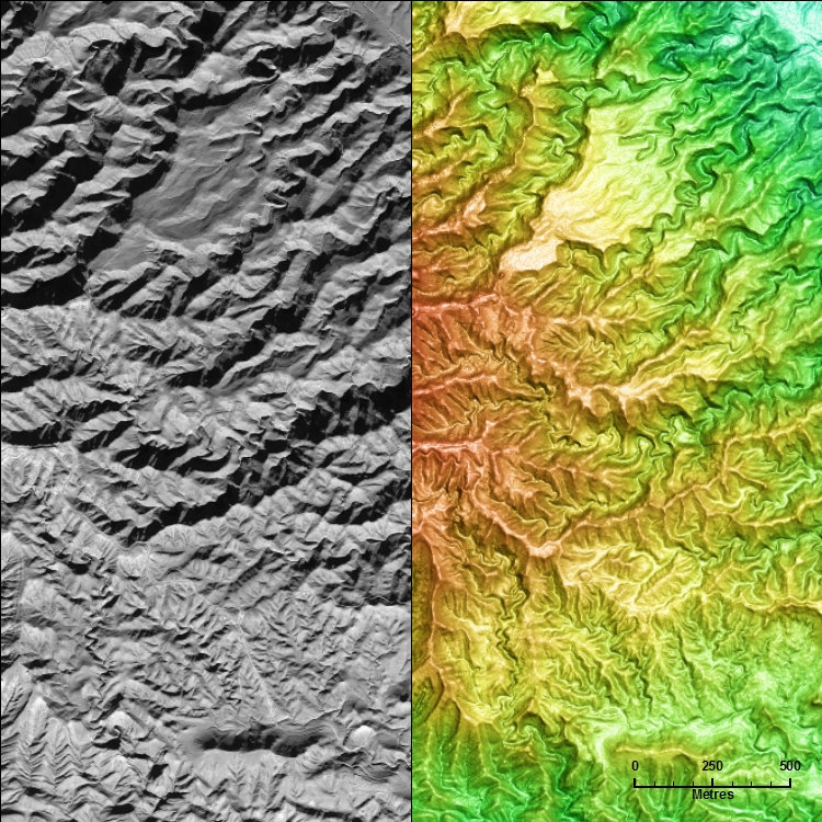 50cm WorldView-1 satellite photo & PhotoSat's elevation image over the same area: Image copyright DigitalGlobe