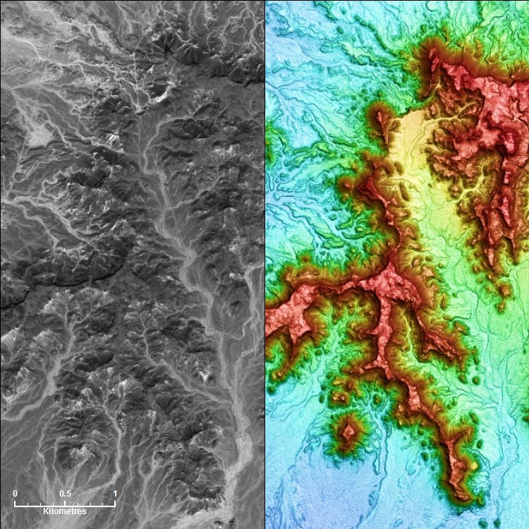 50cm WorldView-1 satellite photo & PhotoSat's elevation image over the same area: Image copyright DigitalGlobe
