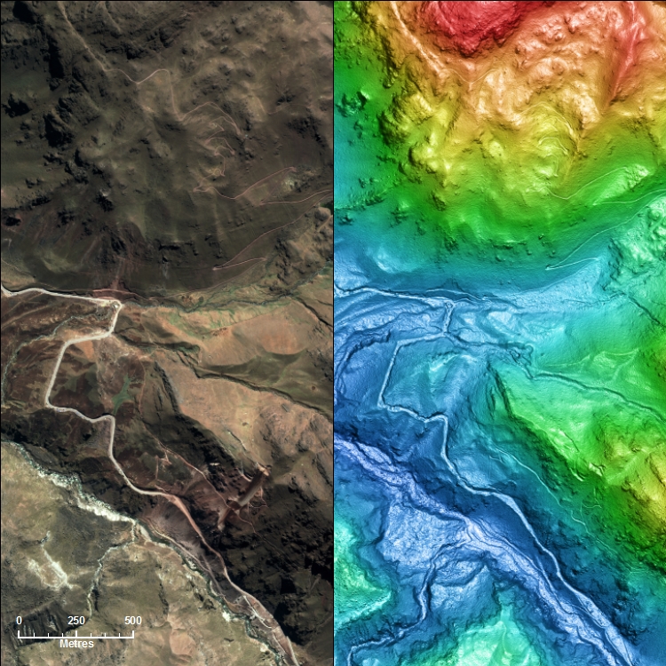 50cm WorldView-2 satellite photo & PhotoSat's elevation image over the same area: Image copyright DigitalGlobe