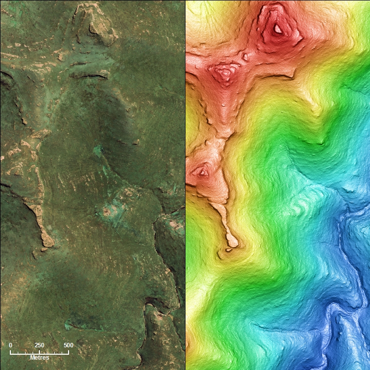 50cm WorldView-2 satellite photo & PhotoSat's elevation image over the same area: Image copyright DigitalGlobe