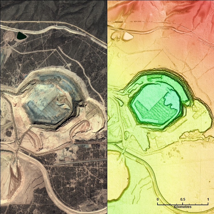 50cm WorldView-2 satellite photo & PhotoSat's elevation image over the same area: Image copyright DigitalGlobe