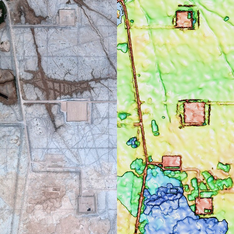 50cm Pleiades satellite photo and PhotoSat's 1m elevation image over the same area. Image copyright Airbus. Image 3 of 6
