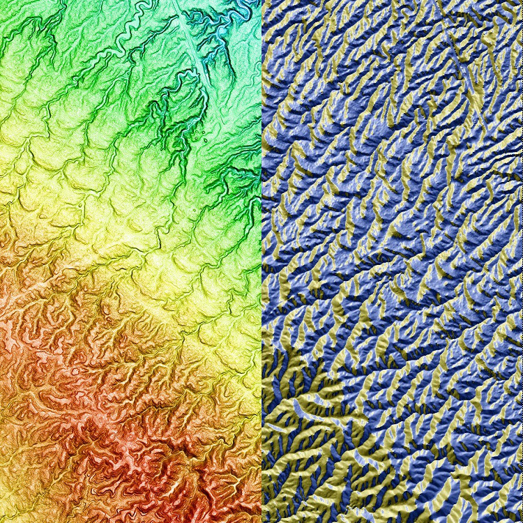 PhotoSat's 1m elevation image and 1m slope direction image over the same area. Image 5 of 6