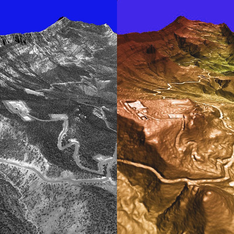 50cm Pleiades satellite photo and PhotoSat's 1m elevation image over the same area. Image copyright Airbus. Image 6 of 6