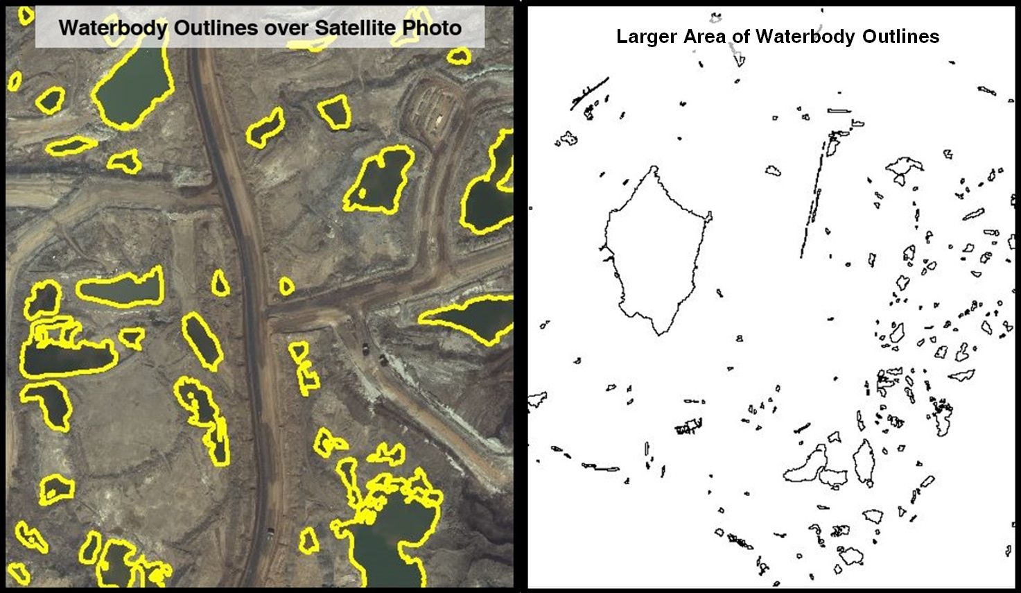 Water body polygons produced from a satellite survey for an oil sands mine mine site Water body polygons produced from a satellite survey for an oil sands mine mine site