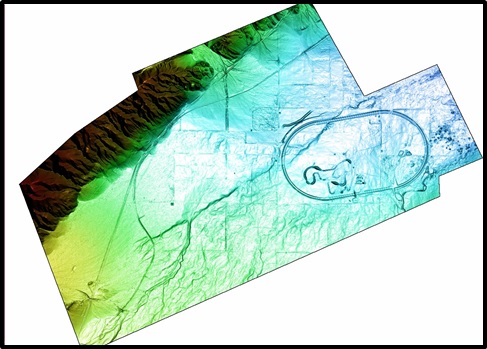 Image of the Opentopography.org bare ground LiDAR elevations over the Honda Test Track PhotoSat stereo satellite accuracy test area. This is very high quality LiDAR data. On areas of bare ground with slopes of less than 20% grade this data is probably accurate to better than 5cm in elevation.