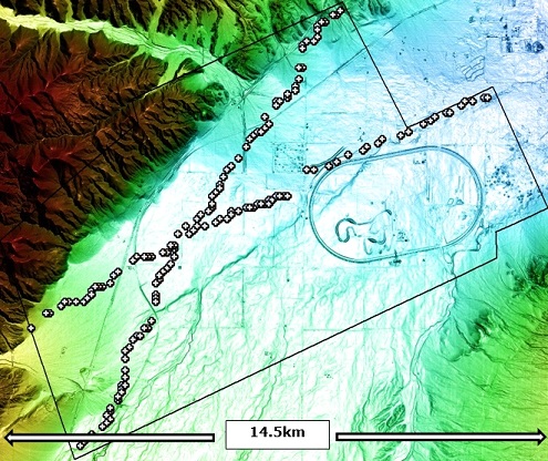 Stereo WorldView-1 elevation image covering the area of the LiDAR survey. This elevation grid has an elevation point every meter. At this scale, the LiDAR and WorldView-1 images are identical. Low elevations are blue and high elevations are red.