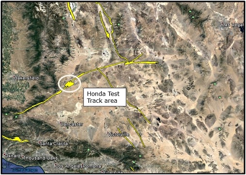 The Garlock Fault OpenTopography LiDAR survey shown on Google Earth. The Garlock Fault LiDAR survey was flown in April, 2008. The location of the WorldView-1 stereo satellite photos, acquired June 20, 2010, is shown by the circle.
