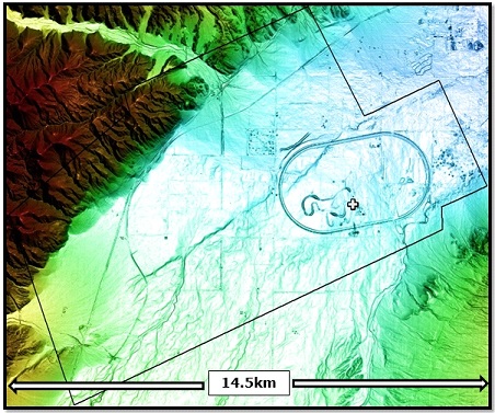 Stereo WorldView-1 elevation image covering the area of the LiDAR survey. This elevation grid has an elevation point every meter. At this scale, the LiDAR and WorldView-1 images are identical. Low elevations are blue and high elevations are red.
