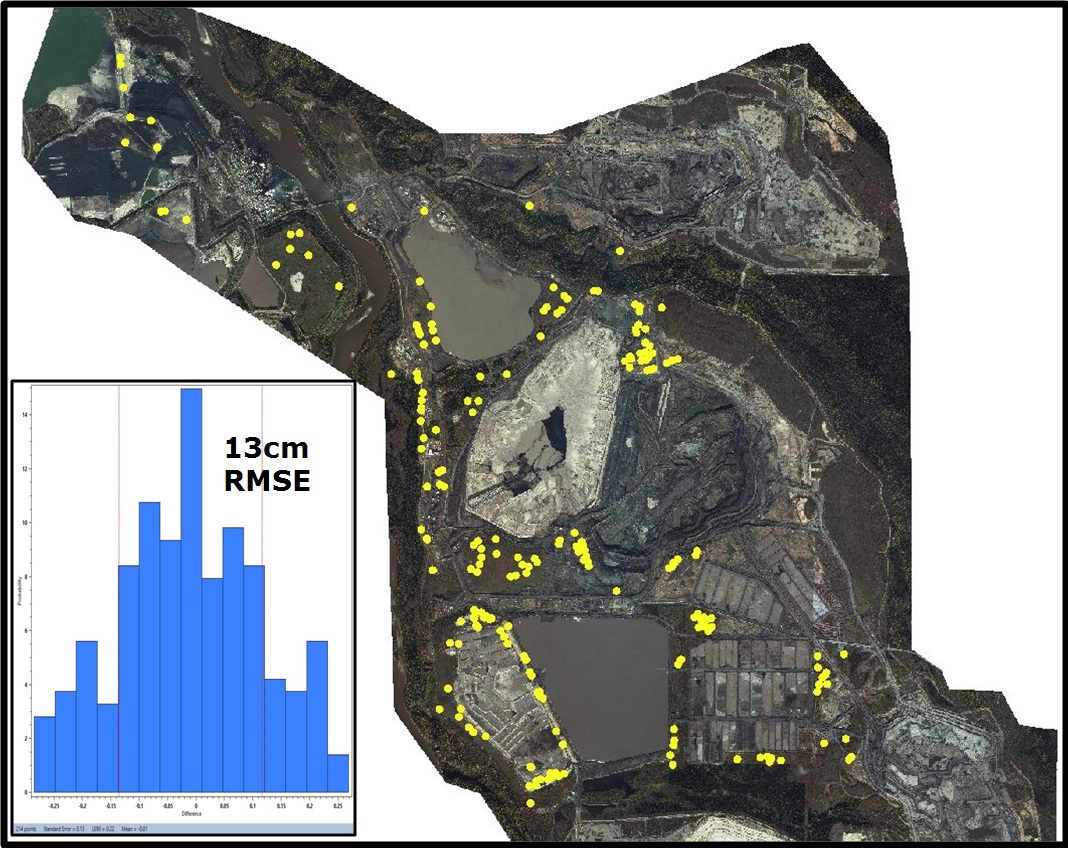 WorldView-3 PhotoSat survey over a large oil sands mine showing 214 survey points used to achieve elevation surveying accuracy of 13cm RMSE