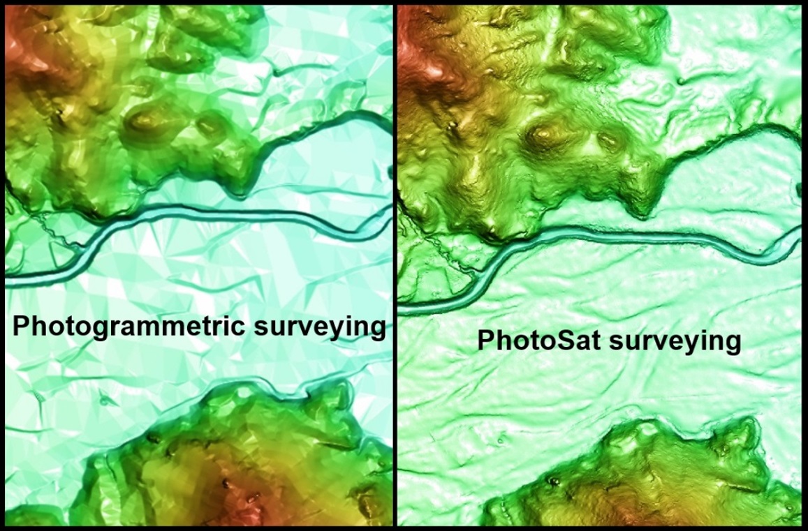 Satellite survey of a river valley processed by conventional photogrammetric methods on the left and by PhotoSat processing on the right. The PhotoSat surveying shows fine topographic detail on the river flood plain that has no expression on the conventional processing.