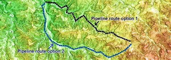 Surface topography image and pipeline routes