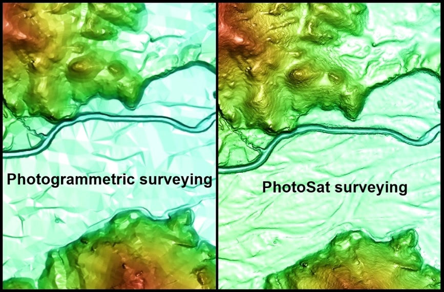 Satellite survey of a river valley processed by conventional photogrammetric methods on the left and by PhotoSat processing on the right. The PhotoSat surveying shows fine topographic detail on the river flood plain that has no expression on the conventional processing.