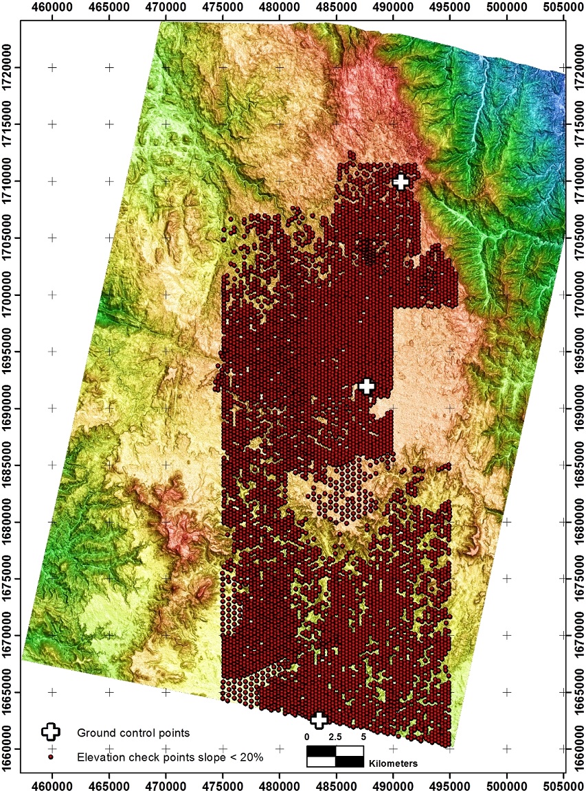 Stereo PRISM elevation image showing the location of the ground control point and the 7,469 elevation checkpoints.