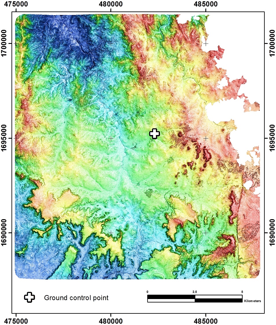 Stereo Pleiades-1B elevation image created from the 1m PhotoSat Asmara, Eritrea satellite survey grid. The figure shows the location of the ground control point.