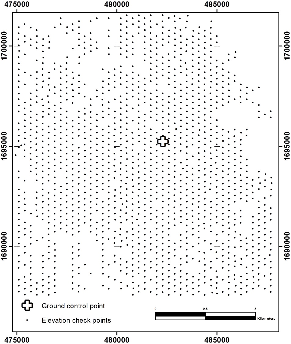 Area of the 14.4km by 13km Eritrea Stereo Pleiades-1B 1m elevation grid showing the location of the ground control point and the 1,677 elevation checkpoints used to determine the accuracy of the stereo satellite survey.