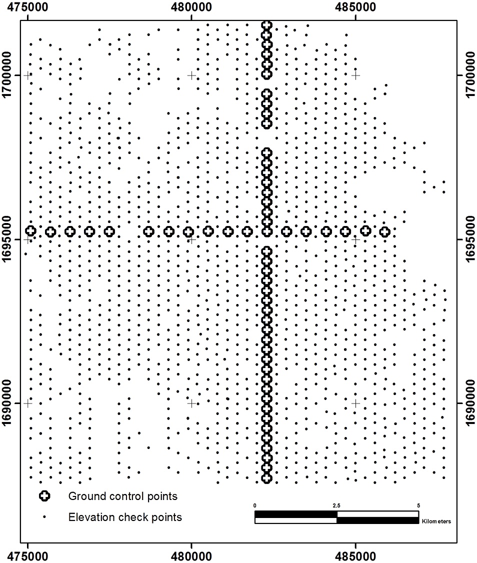 Area of the 14.4km by 13km Eritrea Stereo Pleiades-1B 1m elevation grid showing the location of the ground control points and the 1,677 elevation checkpoints used to determine the accuracy of the stereo satellite survey.