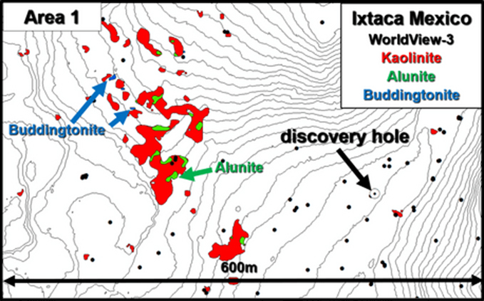Area 1 b.png Probable kaolinite, alunite and buddingtonite alteration uphill from the Ixtaca discovery drill hole.