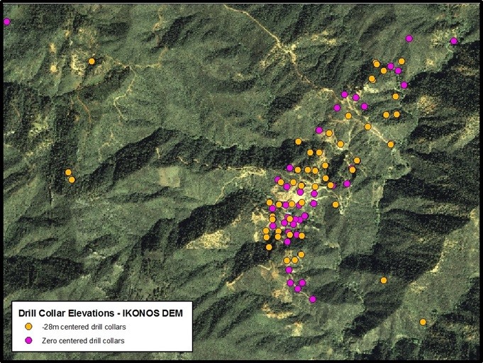 Drill Collar Elevations Populations of drill collar elevations. The PhotoSat satellite survey was used to adjust all the drill collar elevations.