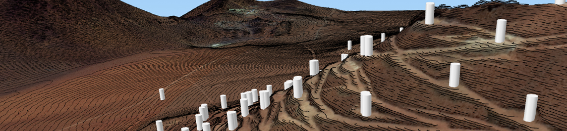 DrillHoles Horizontal 3D view of the PhotoSat survey of the AbraPlata Diablillos Silver Project in Argentina showing one meter elevation contours and the drill hole locations