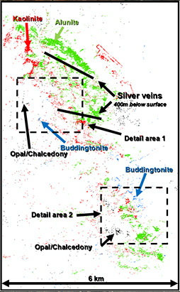 Image 2 The opal/chalcedony is probably small outcrops of the silica cap. The buddingtonite is probably from the Advanced Argillic alteration zone.